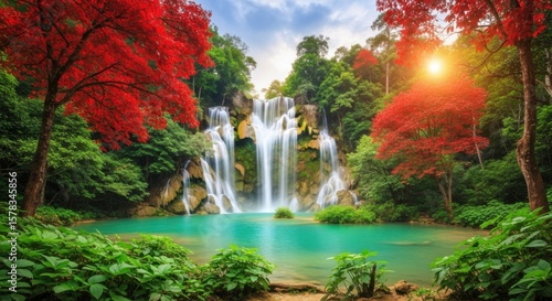 Majestic Waterfall Cascades Through Lush Forest During Golden Hour