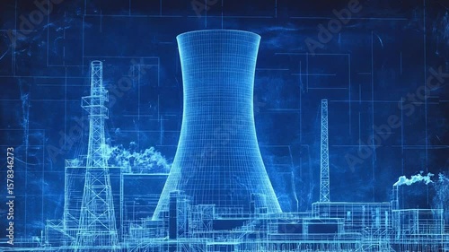 Futuristic blueprint nuclear power plant generating electricity