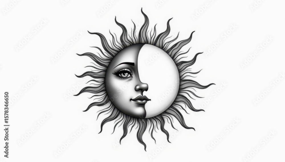 Fototapeta premium Detailed celestial drawing of a sun and moon face in a whimsical style. Great for illustrating astrology, astronomy, or spirituality themes.