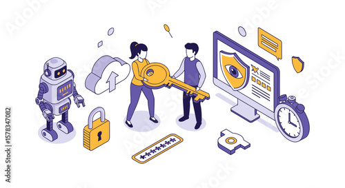 Data Security Isometric Illustration with Robot People Key and Cloud