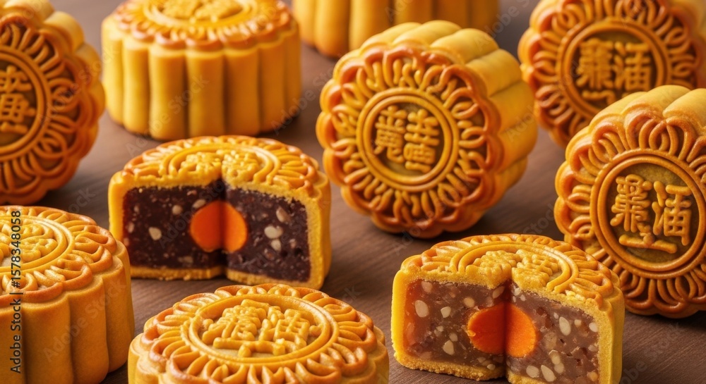 Fototapeta premium Traditional Chinese Mooncakes for Mid-Autumn Festival Celebrations