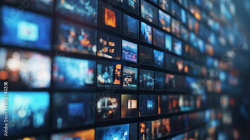 Video wall showing multiple streaming media content and play button icon