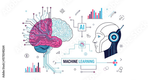 An illustration comparing a human brain with a robotic head, showcasing machine learning concepts.
