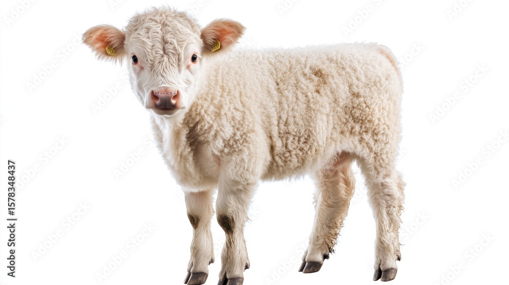 Fototapeta premium Cute calf, front view, against white background