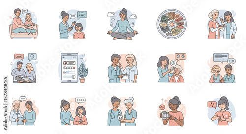 Collection of illustrations depicting healthcare, wellness, and interpersonal interactions, featuring doctors, patients, families, meditation, and mobile technology.