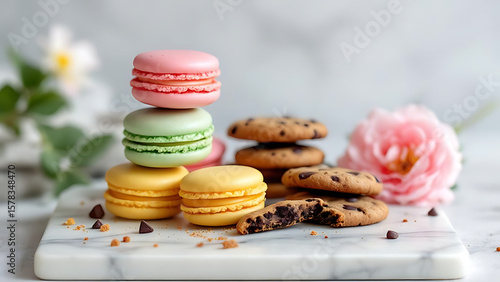 Colorful macarons stacked next to chocolate chip cookies on a marble board create a dessert food photography scene