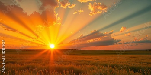 Blazing sun rays explode across a vibrant prairie, painting the sky with fiery sunset hues,  majestic,  field