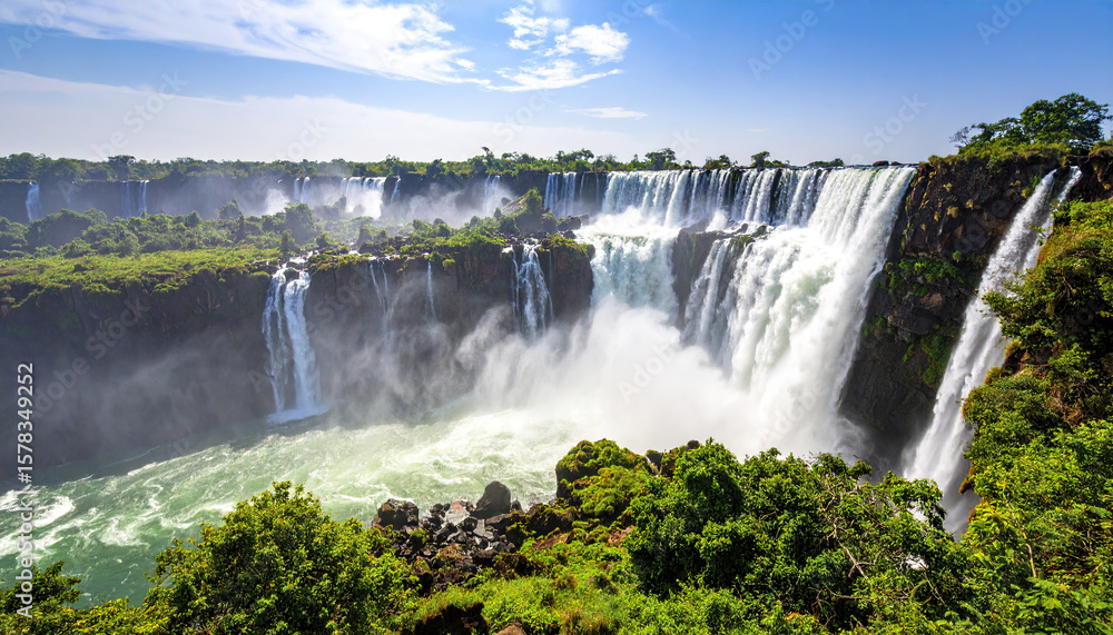 Naklejka premium Majestic waterfall cascading over lush green cliffs under bright blue sky with mist rising