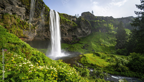 Waterfall flowing down rocky cliff surrounded by green plants and flowers in bright daylight