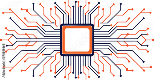 Vector art of a central computer chip with radiating orange and blue circuit lines on a white background.