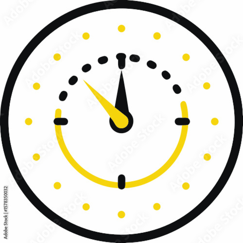 This clock illustration features a minimalistic design with black and yellow accents, and the time indicated