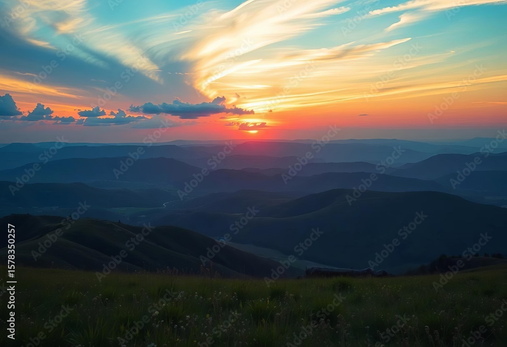 Fototapeta premium Serene sunset over rolling hills, vibrant sky, peaceful meadow, idyllic, scenery