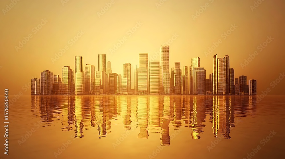 Fototapeta premium Golden cityscape with skyscrapers reflecting in calm waters