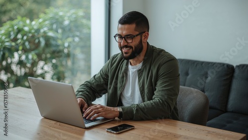 A man sits at a table, using a laptop computer, in a modern home.