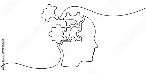 Head with puzzle pieces in one line drawing. Solving psychological challenges and finding balance, Alzheimer s day simple background, web banner, poster with brain and puzzle. One continuous line draw