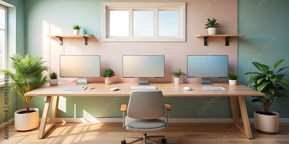 Fototapeta premium A modern home office setup with three computers and a comfortable chair