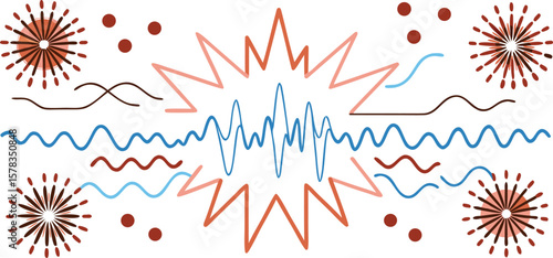 Vector art of abstract explosion of colorful waves and starbursts on a white background.