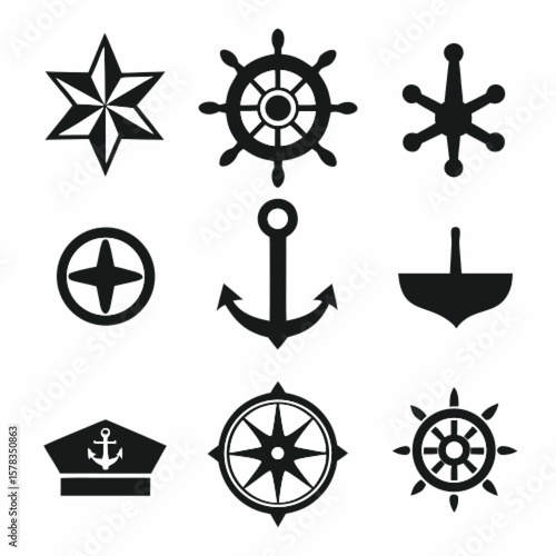 Simple 9 set of Summer related Star, Staring, Compos, Hat of captain, Top, and other  Silhouette  vector icons