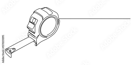 Measuring tape  in one continuous line drawing. Symbolizing industrial tools and craftsmanship, Tape Measure Continuous Line Art Illustration, Tape measure in line art drawing style. Flexible ruler
