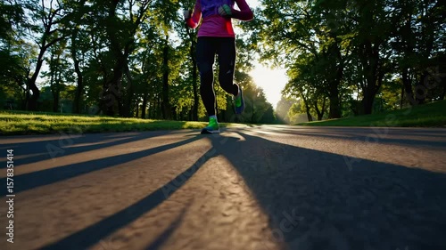 Wallpaper Mural Low-angle video shot of a person jogging on a sunlit path in a park, capturing dynamic movement and long shadows under lush green trees. Torontodigital.ca