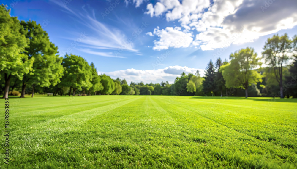 Obraz premium Green lawn with neatly trimmed grass under bright blue sky and scattered white clouds