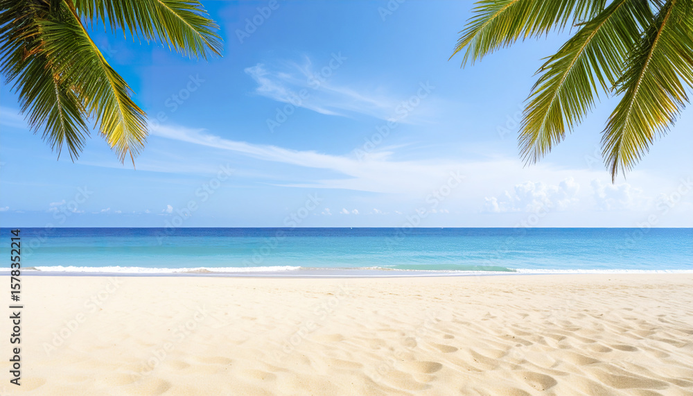 Fototapeta premium Tropical beach with palm leaves, clear blue sea, and bright sky creating peaceful scene