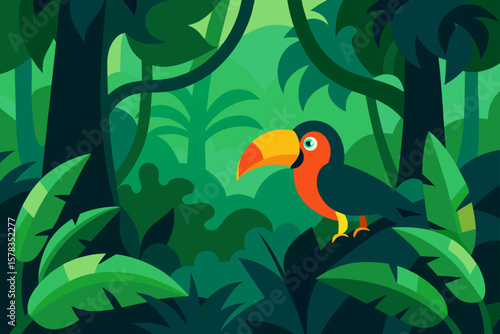 Dense Jungle With Toucan And Vines