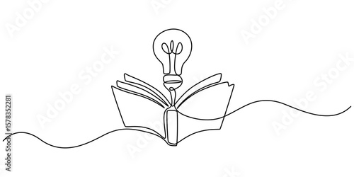 One single line drawing of shining light bulb above open text book logo identity. continuous line draw design graphic vector illustration, Single continuous line drawing of open book with shining