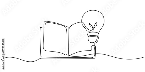One single line drawing of shining light bulb above open text book logo identity. continuous line draw design graphic vector illustration, Single continuous line drawing of open book with shining