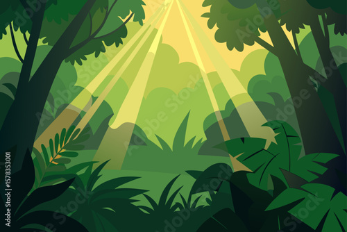 sunlight piercing through dense jungle canopy