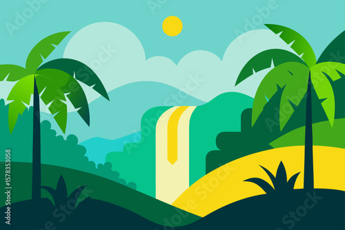 tropical scene with banana trees and waterfall