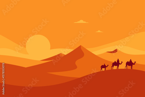 vast desert with camel caravan in distance