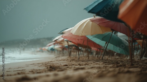 **Umbrella beach scene captured during a light overcast afternoon, with muted tones, textured sand, and slightly tilted umbrellas shaped by wind