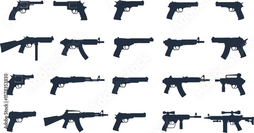 Silhouette illustration featuring an array of various types of firearms and pistols spread out