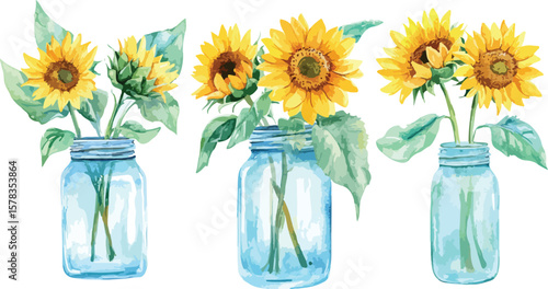 Watercolor sunflowers in mason jars seamless border on a white background
