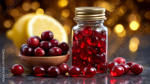 Bottle of cranberry dietary supplements alongside fresh fruit in a glowing background