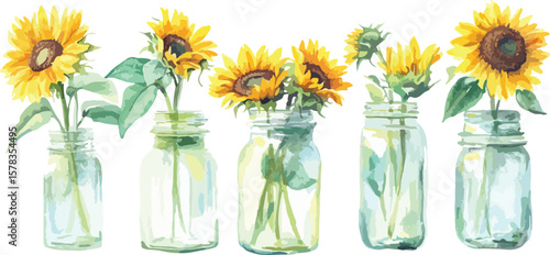 Watercolor Sunflowers in Mason Jars Seamless Border on White Background