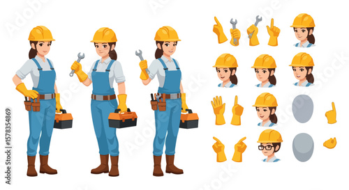 Cartoon Female Construction Worker Character Set for Stock Illustrations
