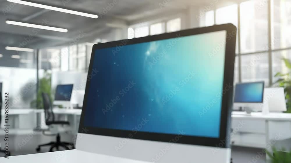 Modern desktop computer showing blue screen in an office setting Modern desktop computer showing blue screen in an office setting
