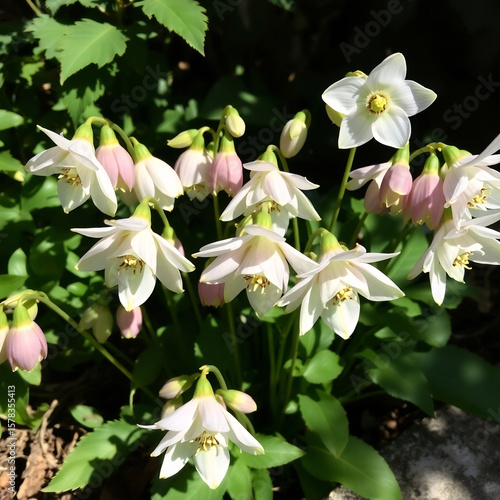 A serene and intimate grouping of delicate hellebore flowers, ranging in subtle hues from soft whites to blush pinks and muted purples,