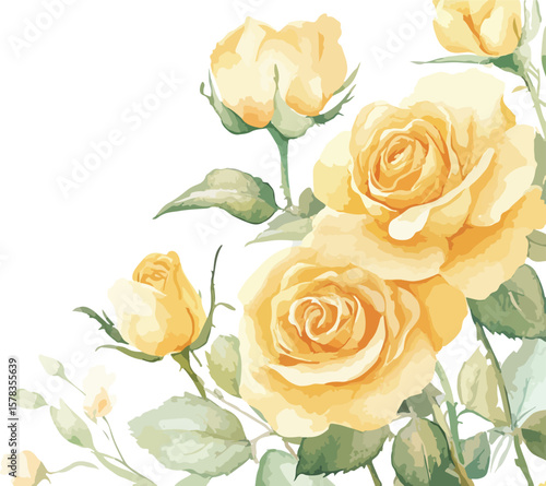 Watercolor Illustration of Yellow Roses in a Corner Arrangement on White Background