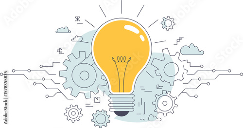 Bright yellow light bulb with gears and circuit lines symbolizing innovation and technology ai generated vector design