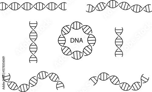 DNA vector icons set, molecule, double helix, genetics, and biology structure collection, outline graphic group for science, research, medical, and educational projects