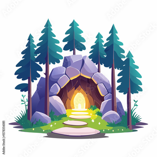 Magical forest path leading to glowing grotto