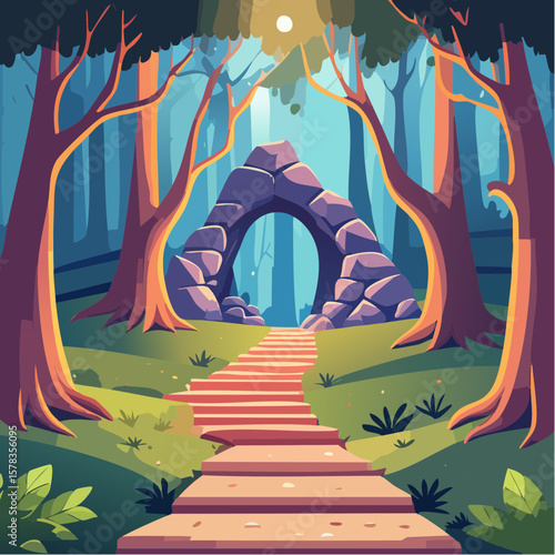 Magical forest path leading to glowing grotto