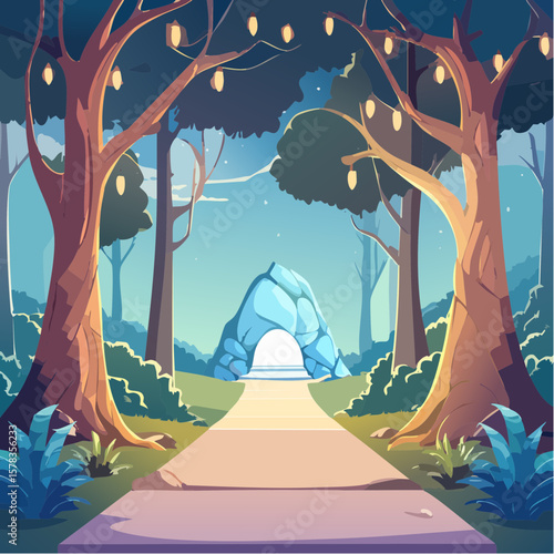 Magical forest path leading to glowing grotto