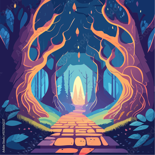 Magical forest path leading to glowing grotto