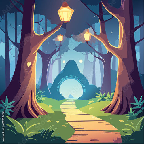 Magical forest path leading to glowing grotto