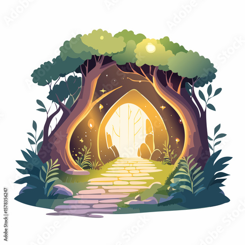 Magical forest path leading to glowing grotto