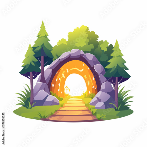 Magical forest path leading to glowing grotto